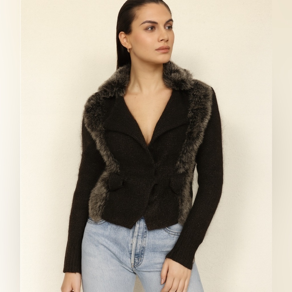 Nina Ricci Faux Fur Jacket Black Sweater Mohair Silk Y2k 90s Mob Wife Cardigan